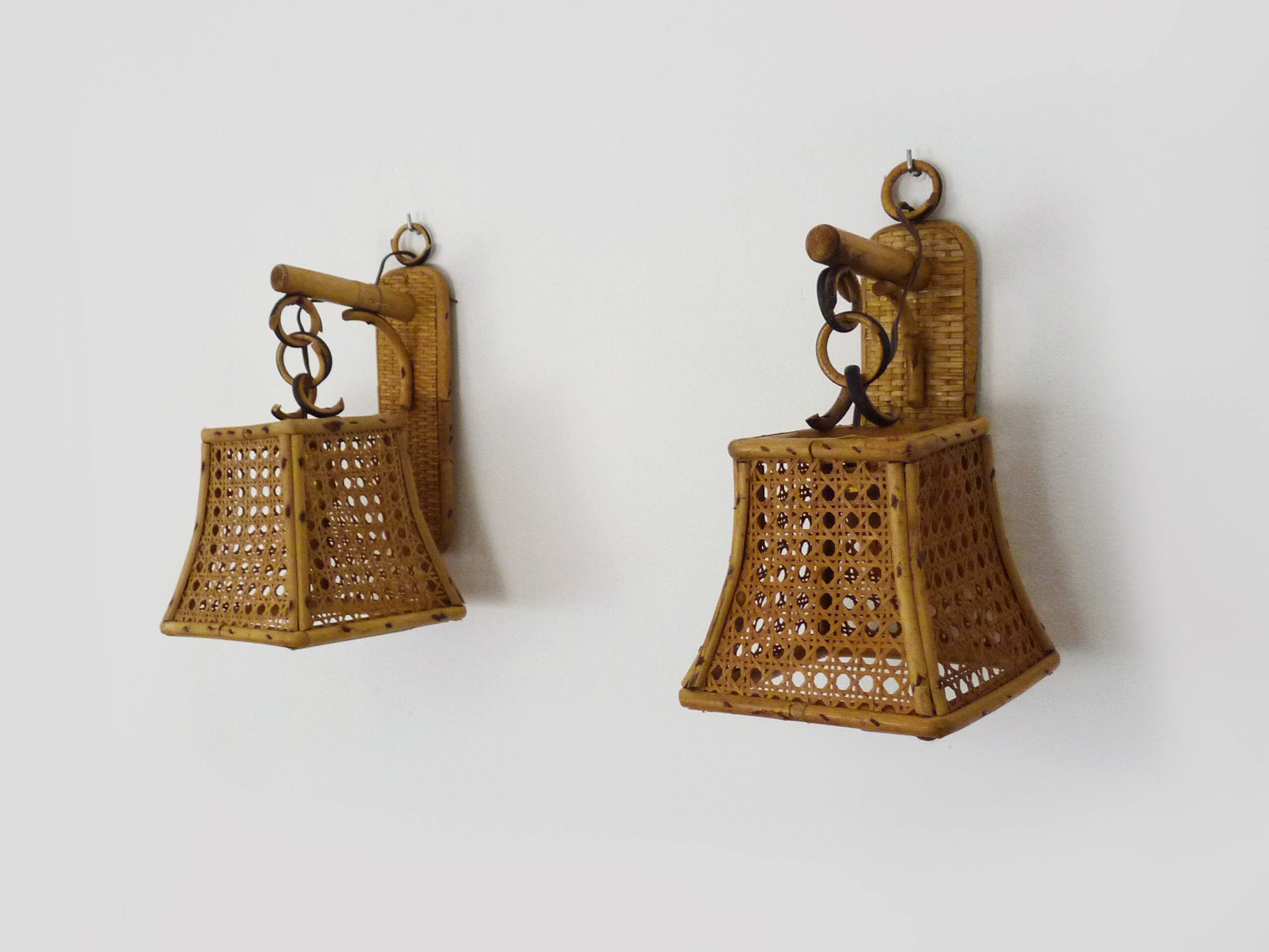 Pair of rattan and cane lantern wall lights. 1950s-1960s