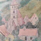 Vintage watercolour of a village in the mountains, signed Barclay