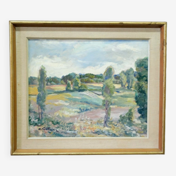 Katarina Fontaine, Paysage moderne suédois, Huile sur panneau, années 1950, Encadré