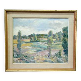 Katarina Fontaine, Paysage moderne suédois, Huile sur panneau, années 1950, Encadré