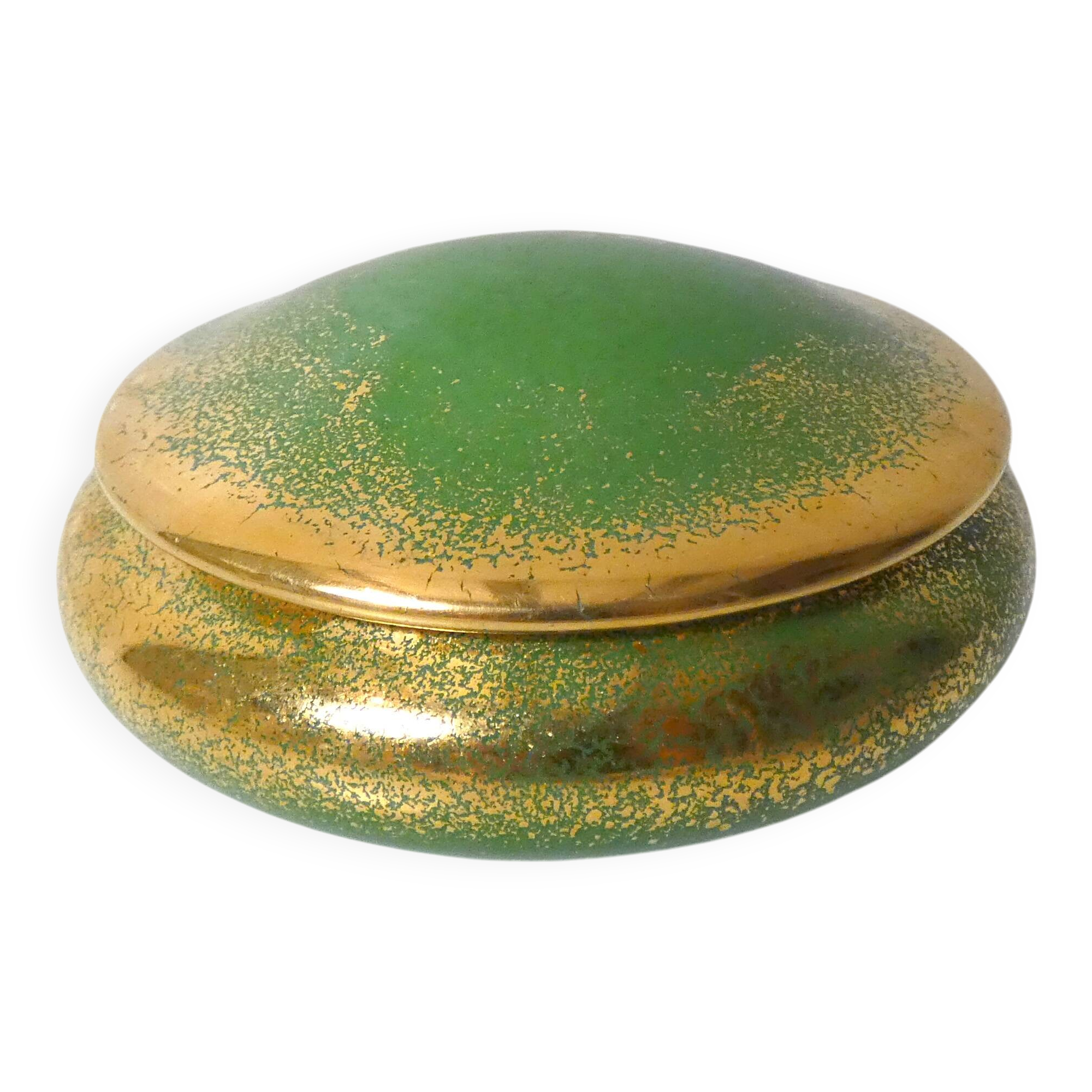 Green and gold Limoges porcelain candy box signed Catherine Lainé