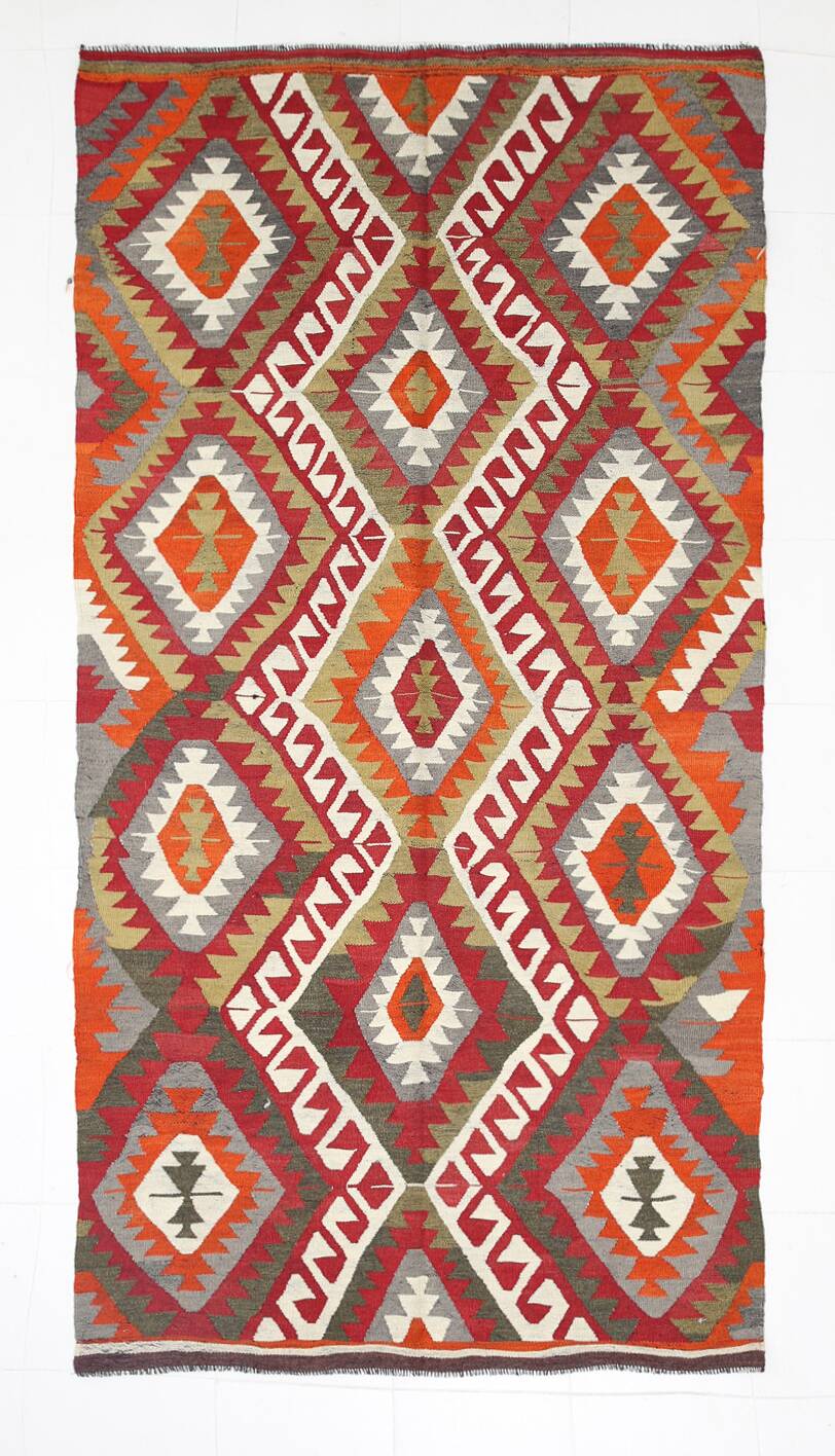 Red & Green Tribal Handmade Turkish Kilim Rug, 163x316Cm