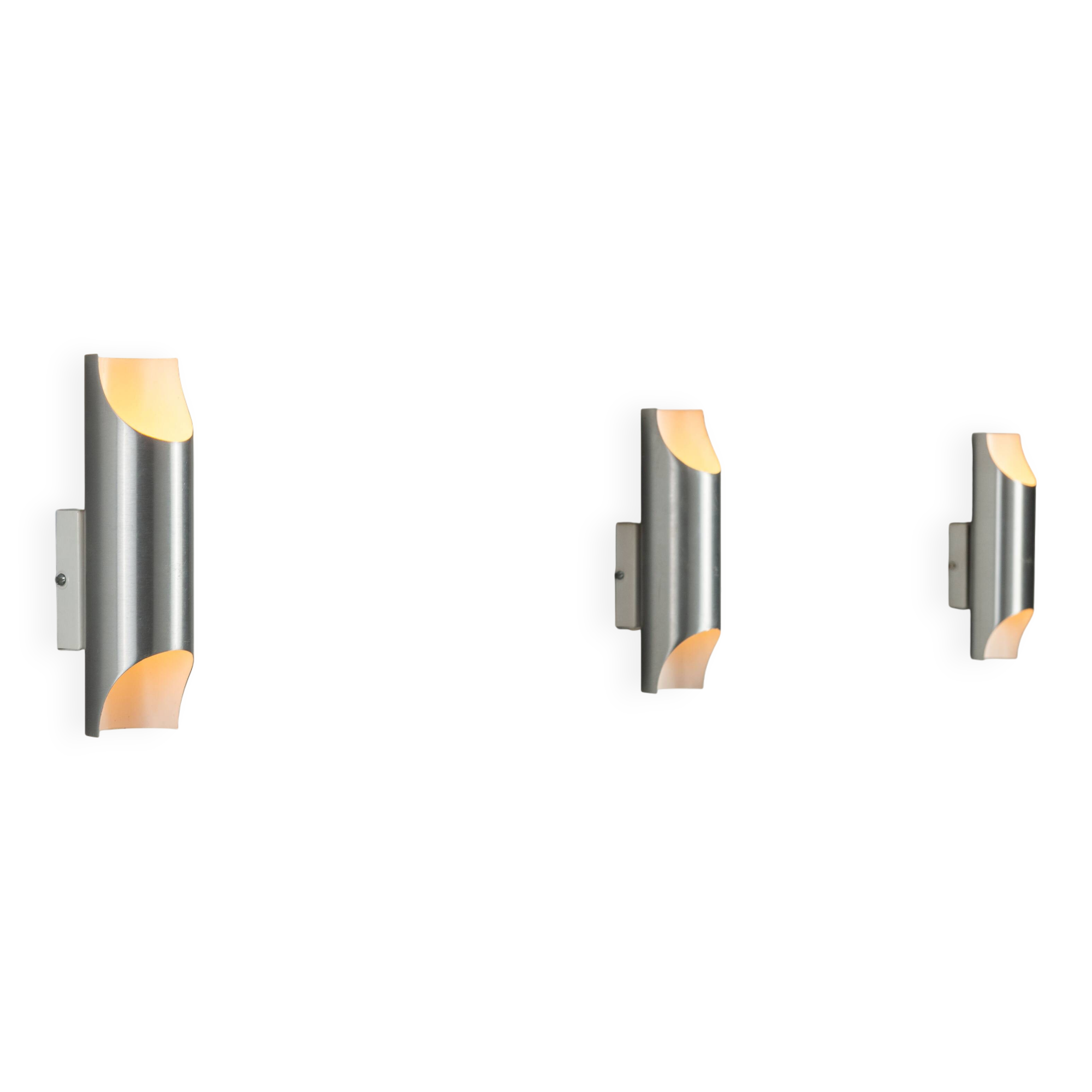 Set of three aluminium cylindrical wall lamps