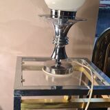 Table lamp with chrome base and white opaline globe
