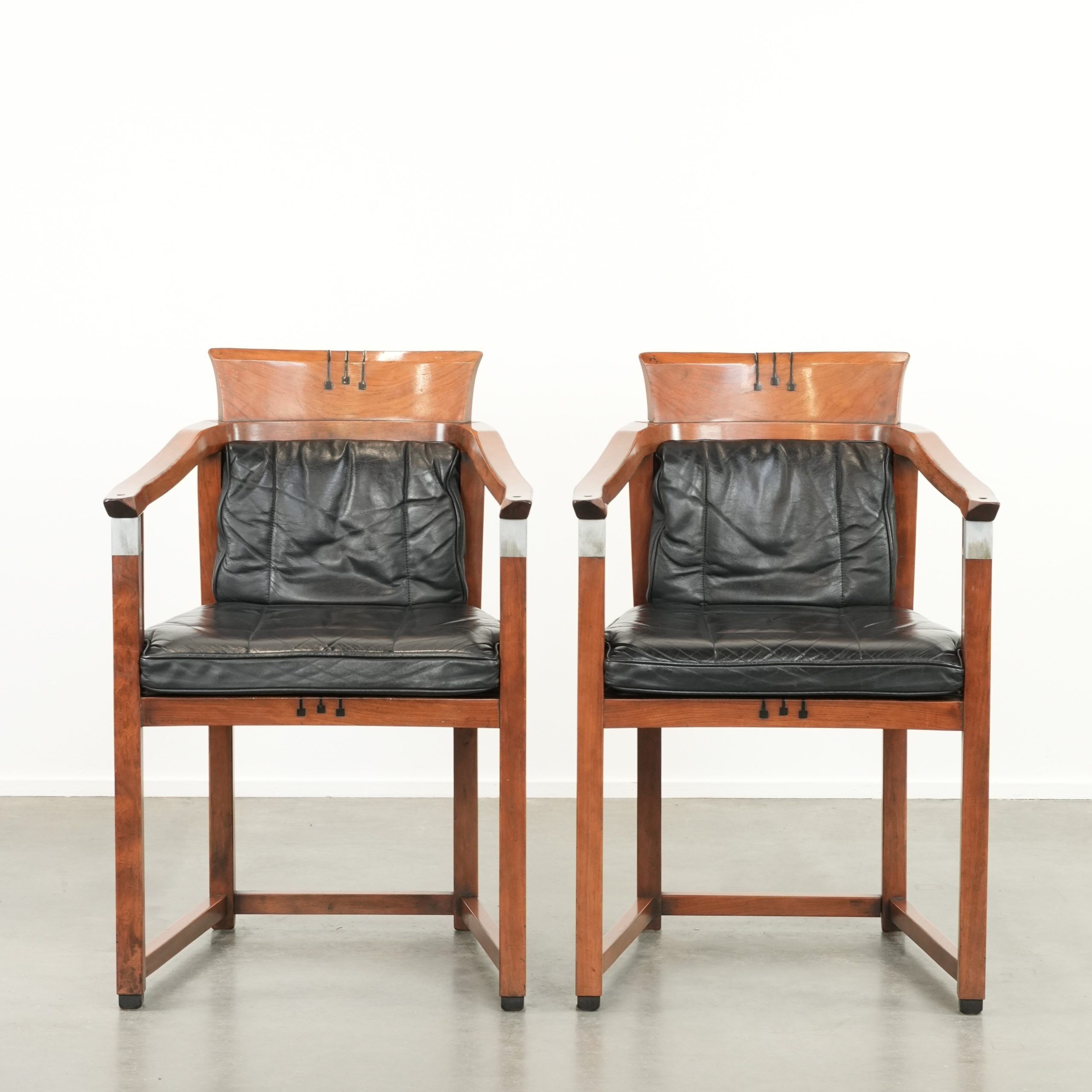 Black leather set of 2 Art Deco design dining/side chairs with armrests