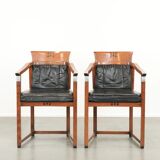 Black leather set of 2 Art Deco design dining/side chairs with armrests