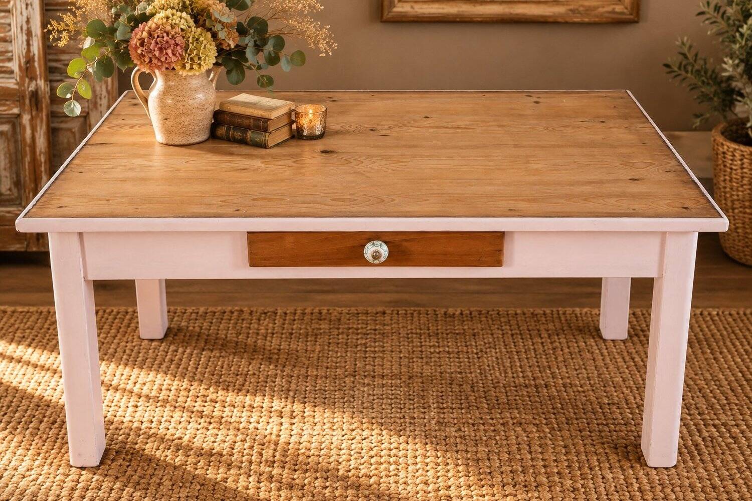 Chic country coffee table, pine wood, drawer with floral porcelain knob.
