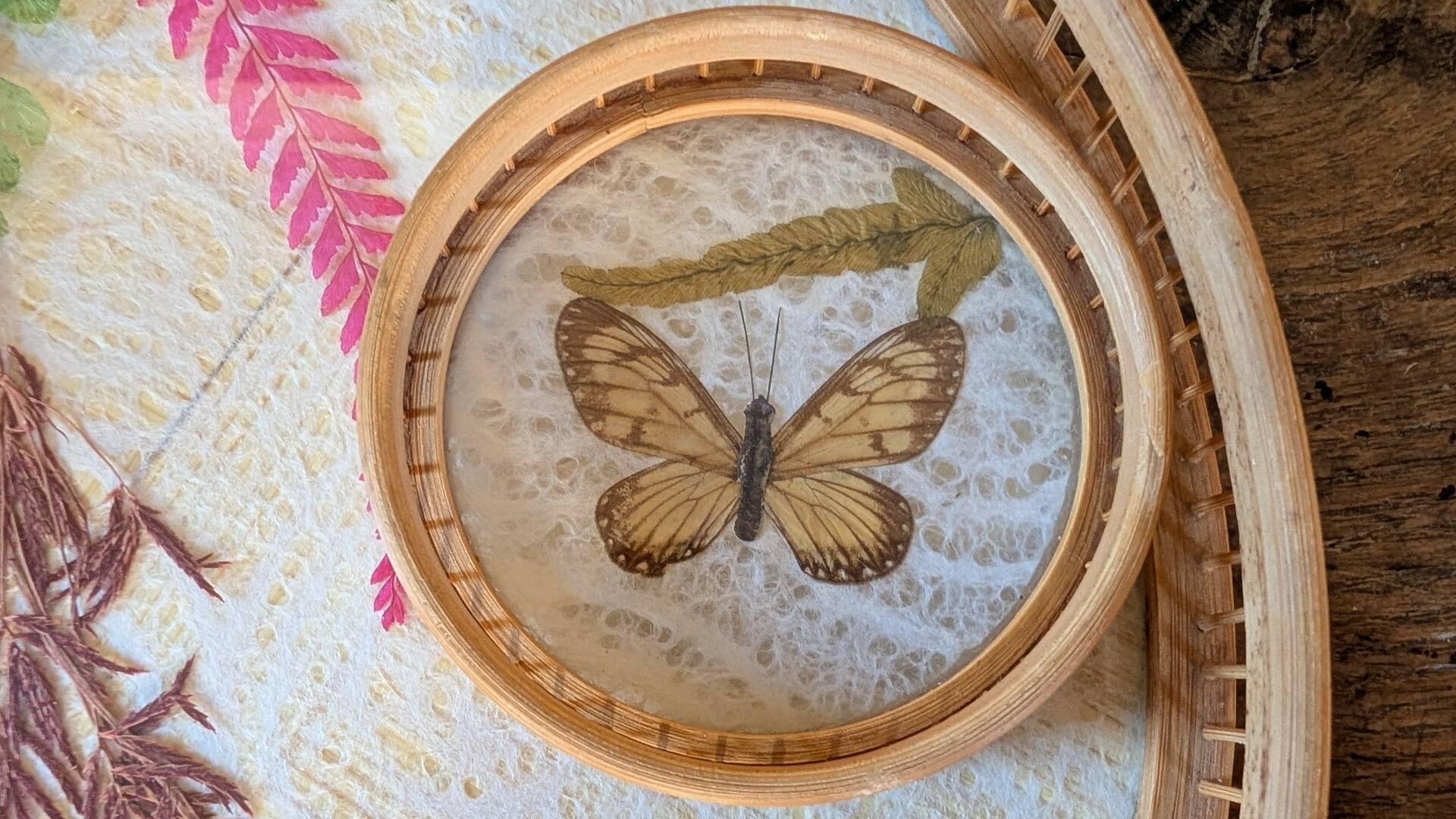 Vintage bamboo tray + 6 butterfly coasters from the 70s