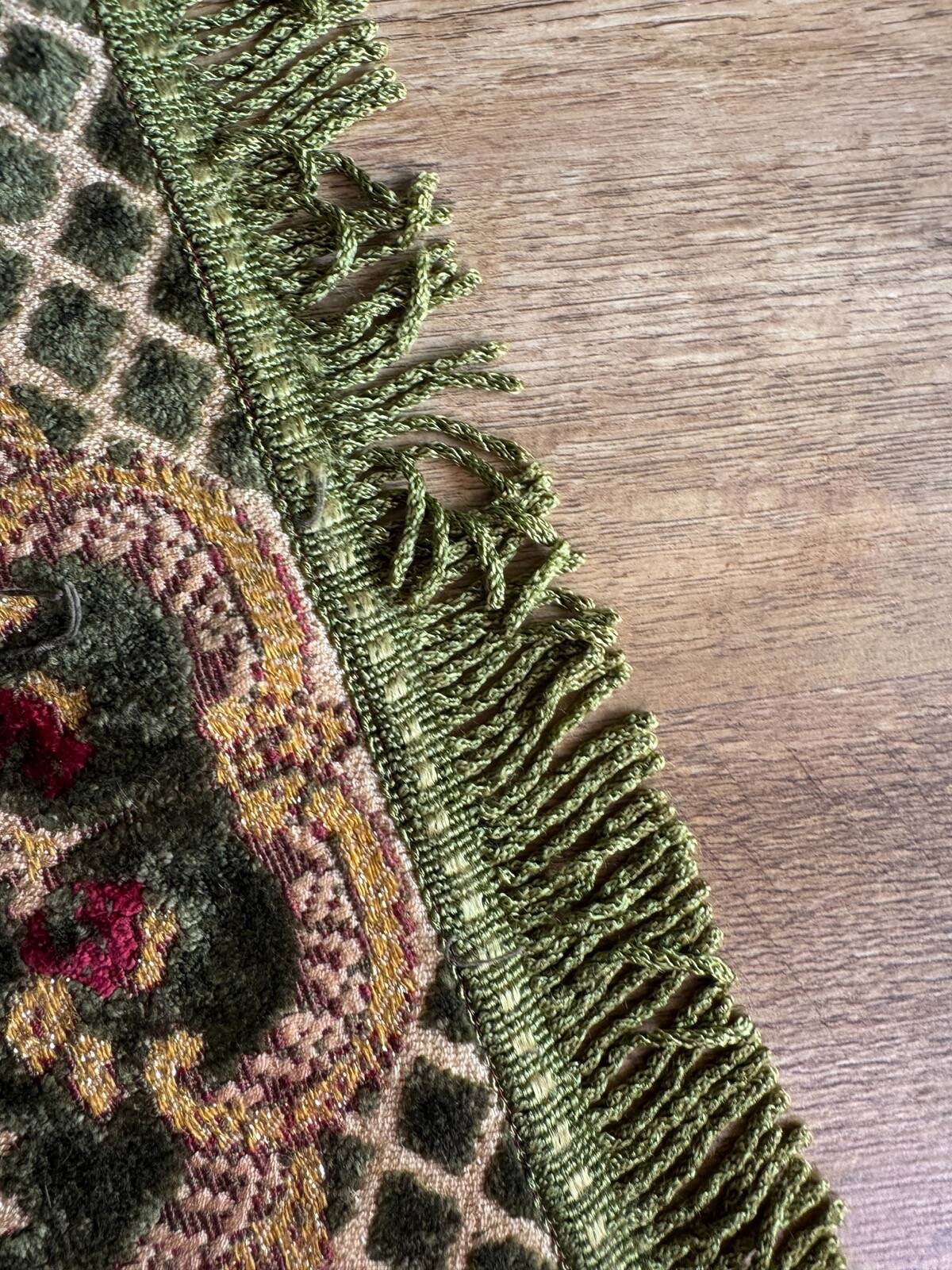 Old floral cotton velvet rug or throw with fringes, 180 x 130 cm
