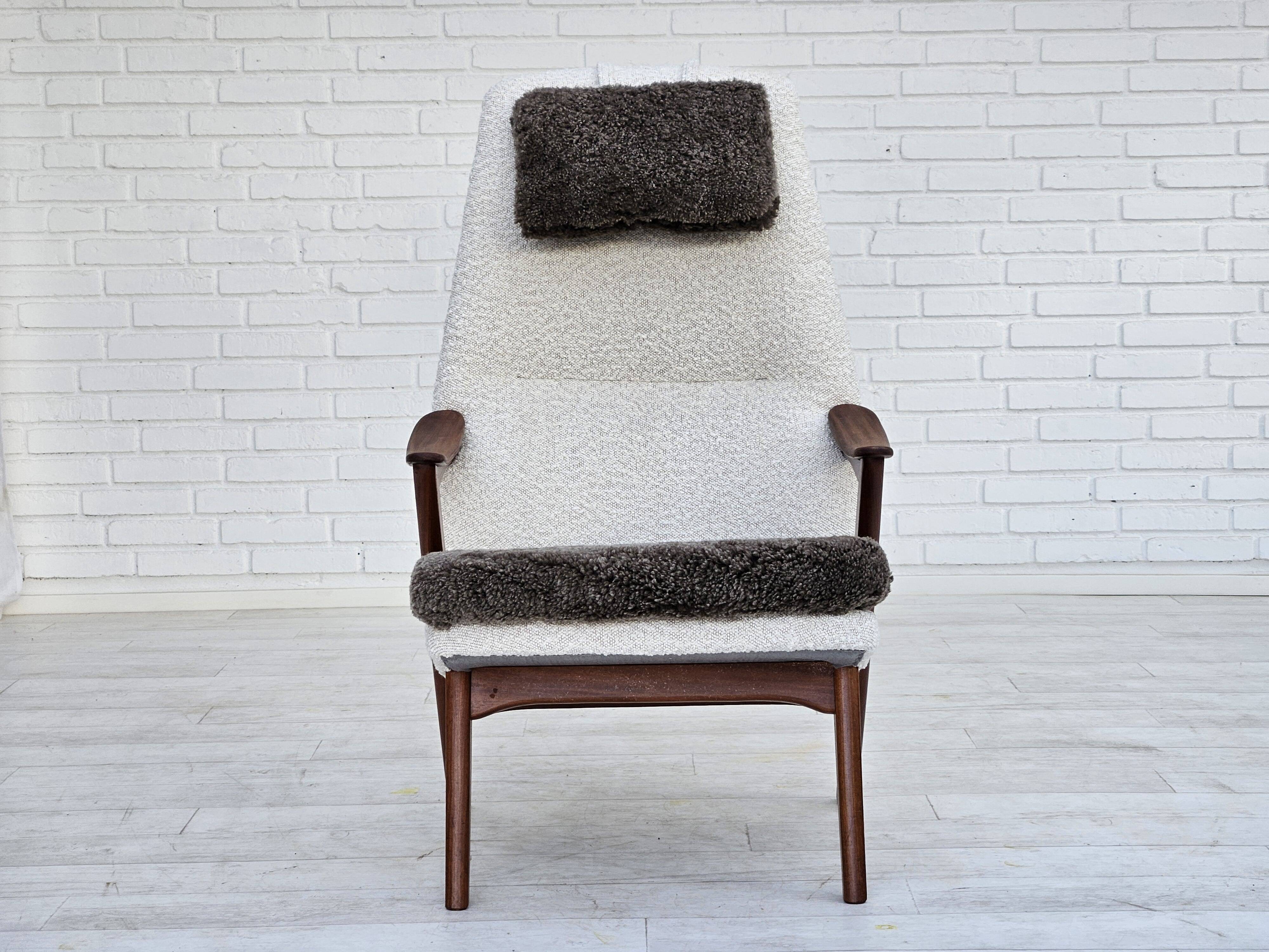 1960s, Scandinavian design, reupholstered armchair, furniture fabric, genuine sheepskin, teak.