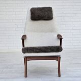 1960s, Scandinavian design, reupholstered armchair, furniture fabric, genuine sheepskin, teak.