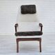 1960s, Scandinavian design, reupholstered armchair, furniture fabric, genuine sheepskin, teak.