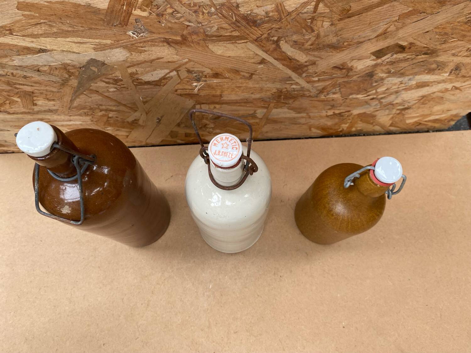Set of 3 old brown & white stoneware bottles vintage kitchen