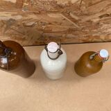 Set of 3 old brown & white stoneware bottles vintage kitchen