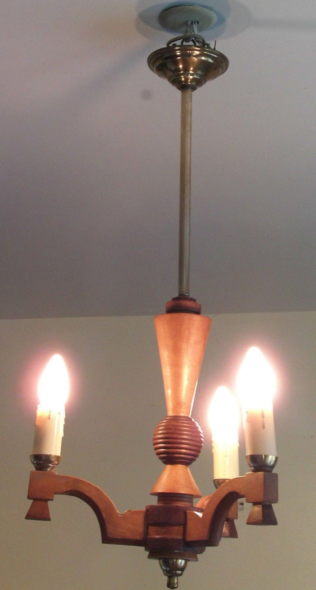 Old chandelier 3 lights wooden art deco suspension