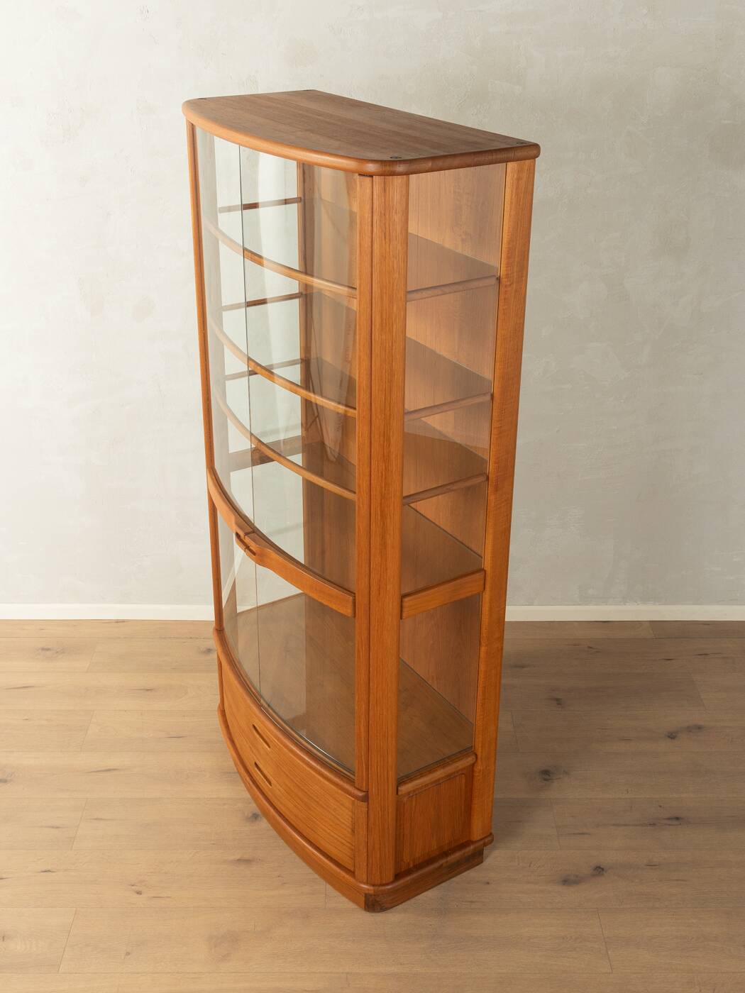 Exclusive display cabinet from the 1980s, solid teak, glass doors, drawers, lighting