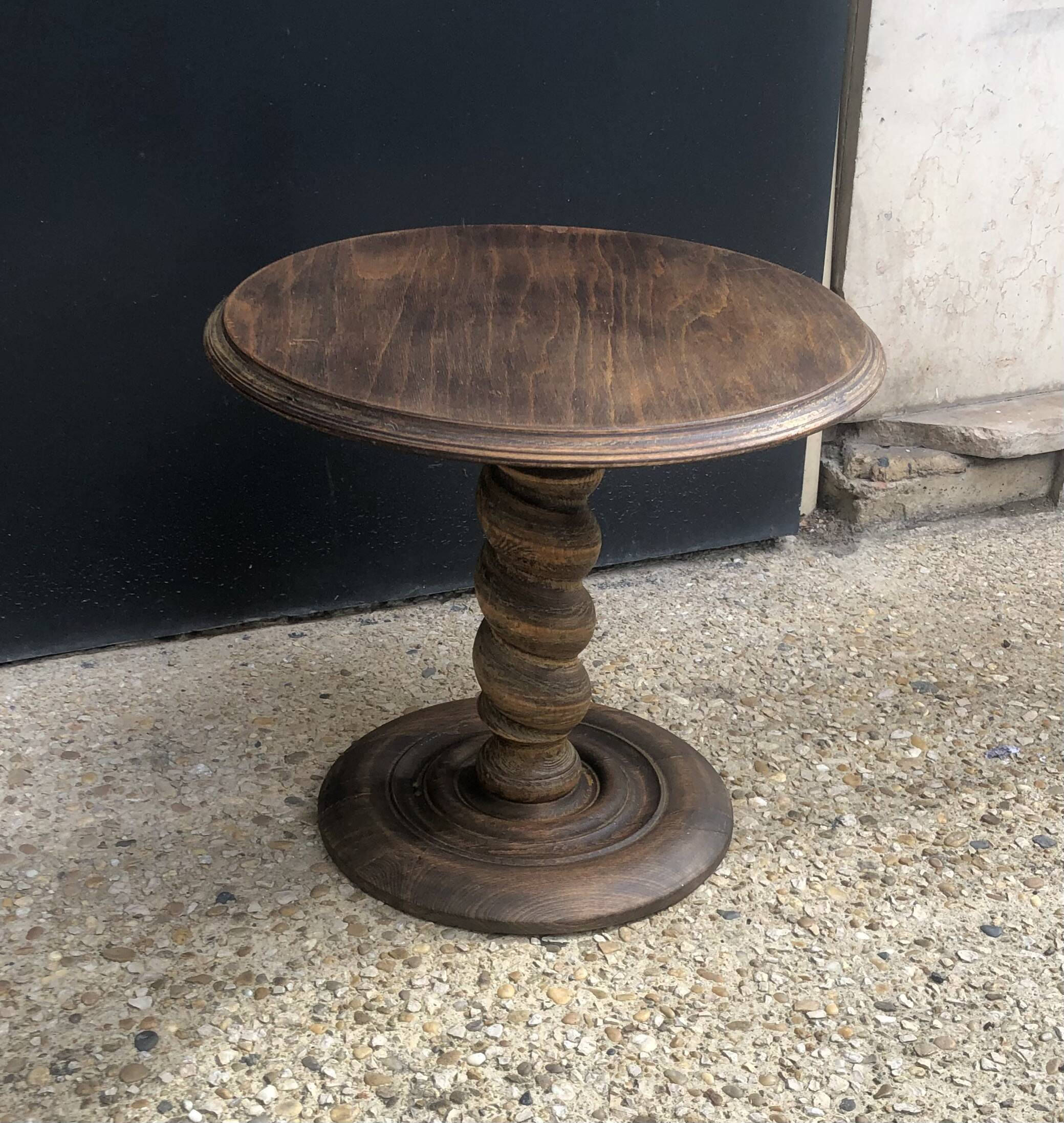 Brutalist turned wood pedestal table from the 50s