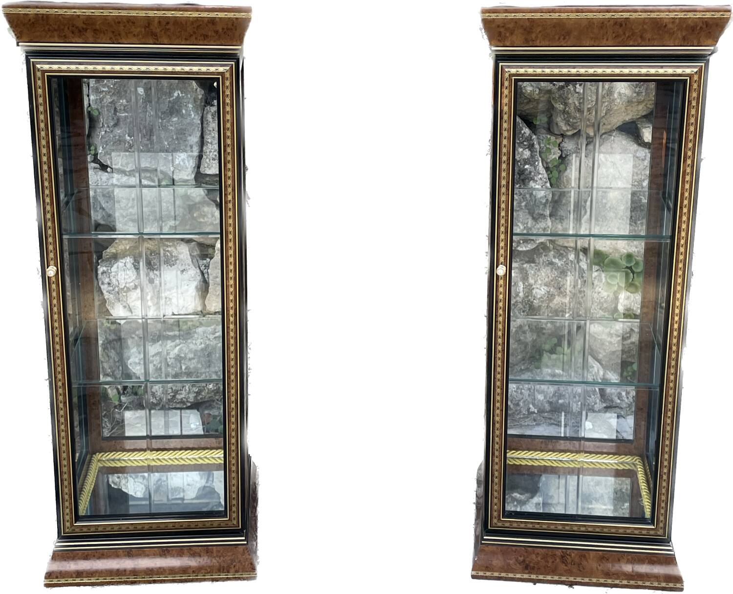 Pair of display cases in magnifying glass and black & gold lacquer, 20th century period