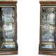 Pair of display cases in magnifying glass and black & gold lacquer, 20th century period