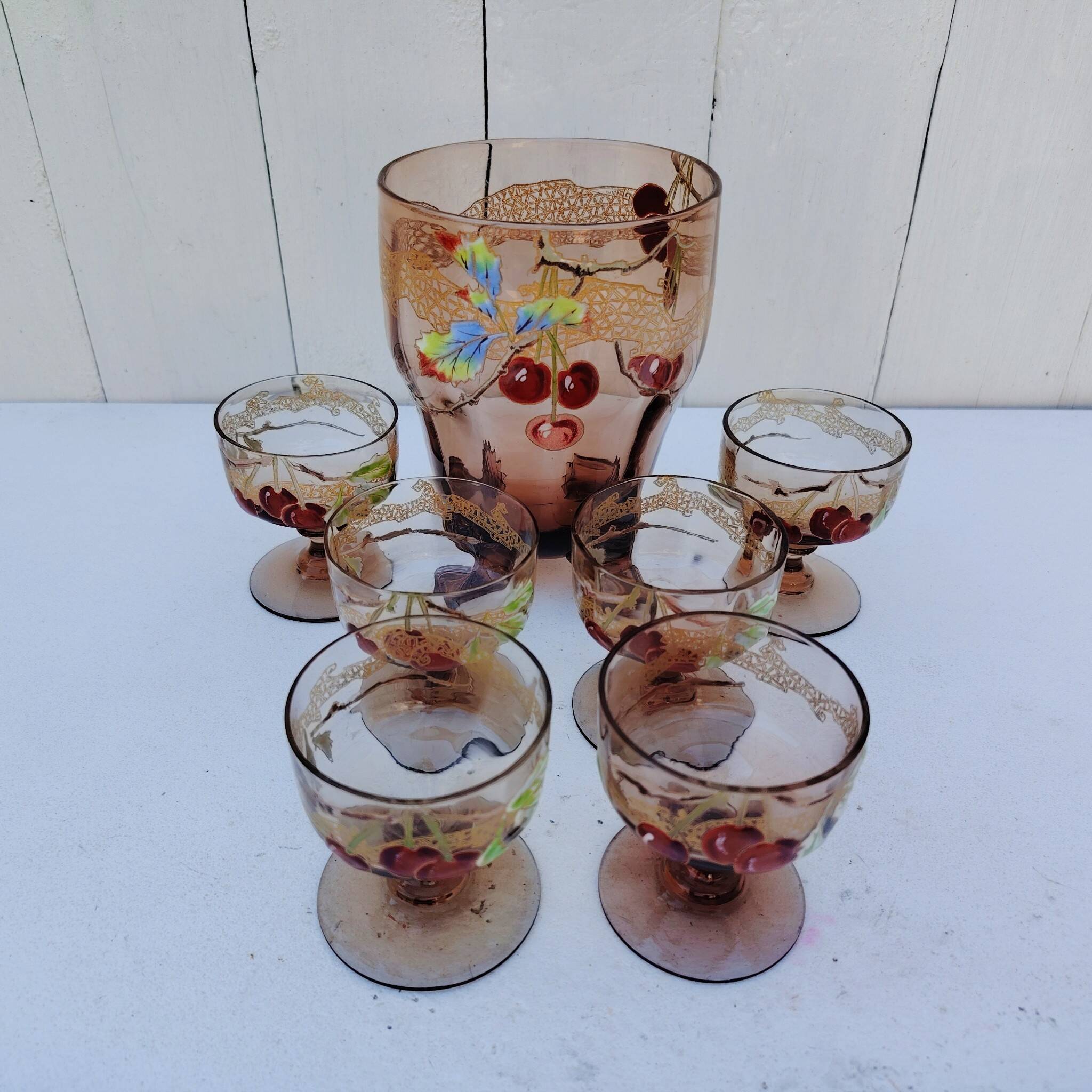 Cerise service with Legras brandy, Art Nouveau, Montjoye