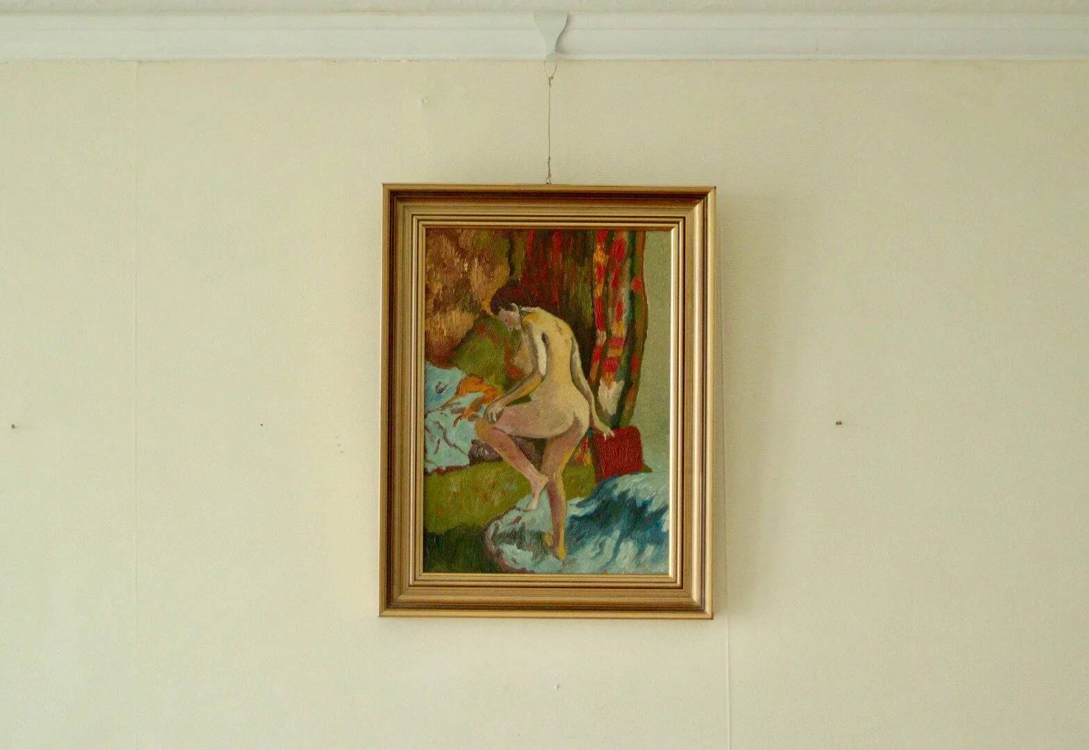 Original Swedish oil on panel painting – nude in colourful interior