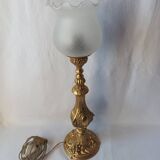 Antique gilded bronze lamp with engraved tulip medallion, 47 cm, interior decoration.