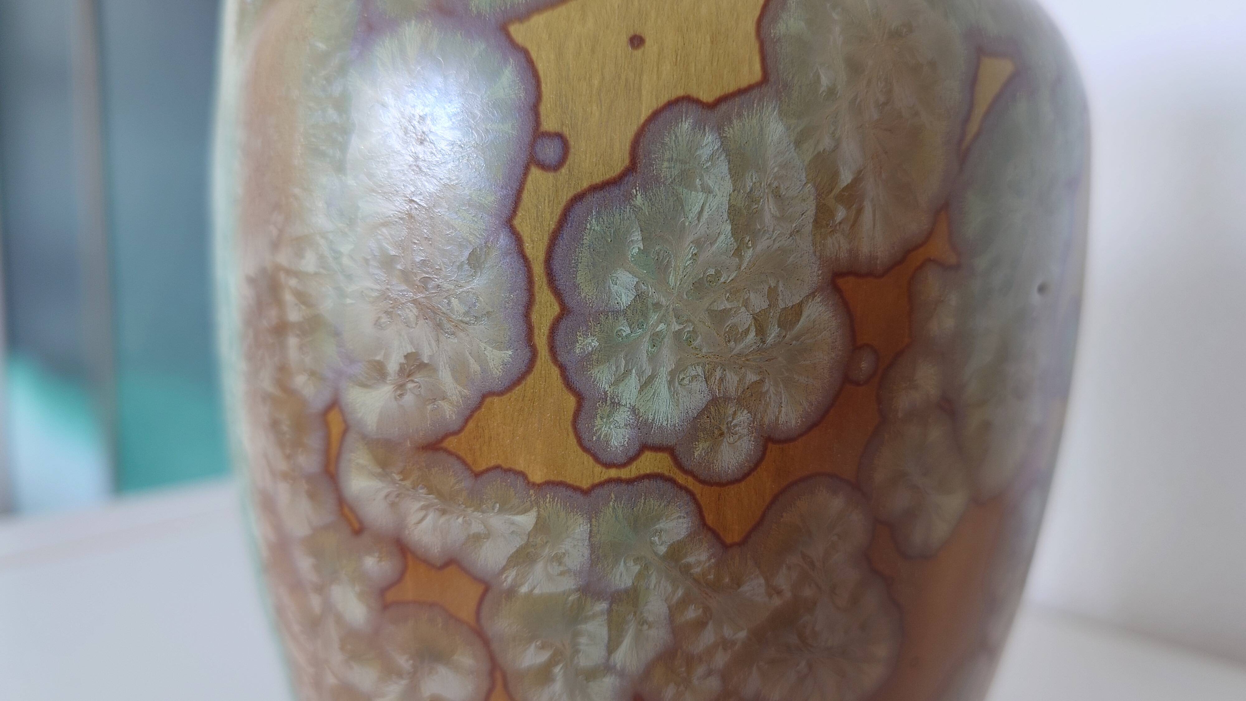 Iridescent crystal-glazed ceramic vase, with two handles, decorative piece.