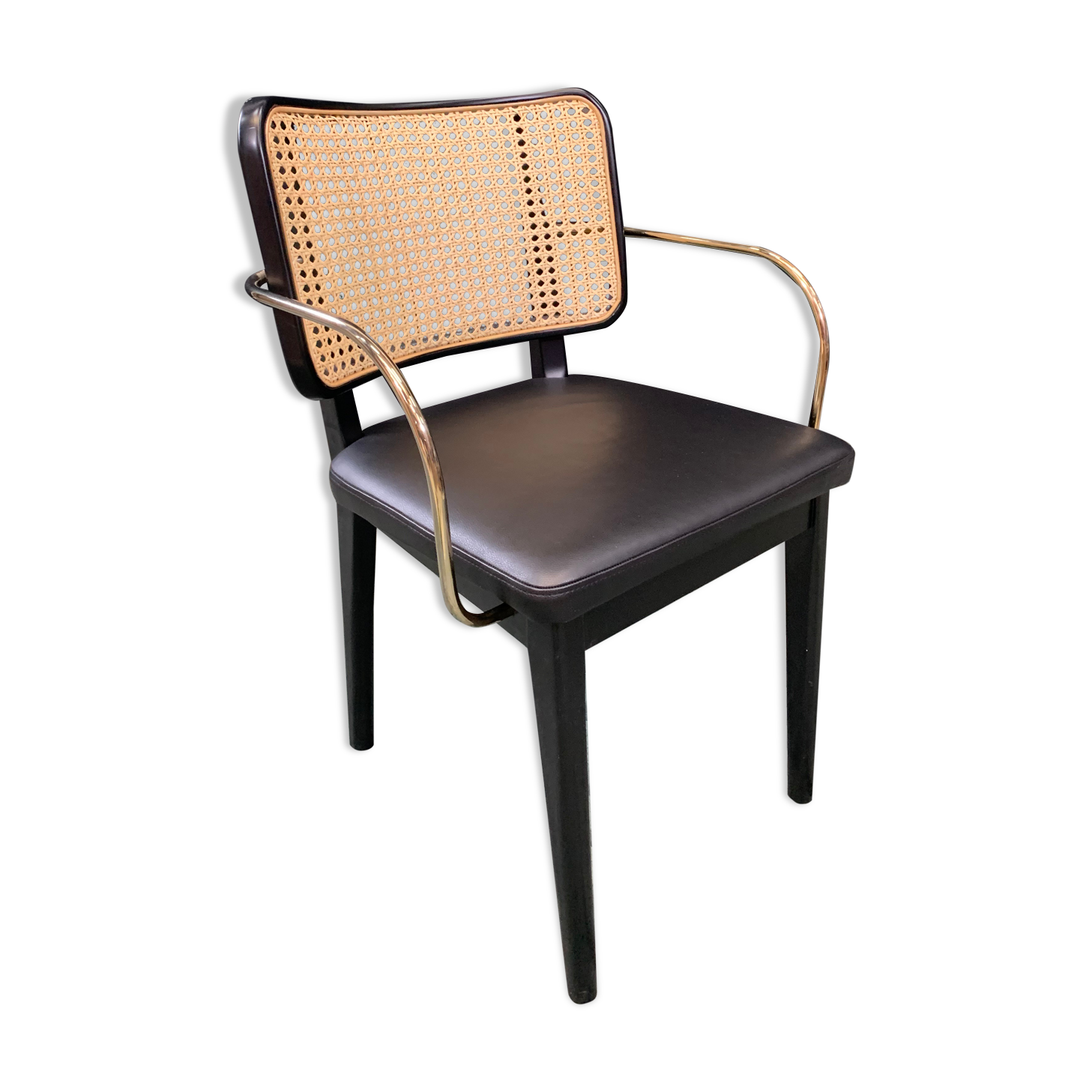 Chaise cannage bois noir cuir noir avec accoudoirs