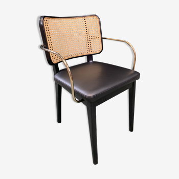 Chaise cannage bois noir cuir noir avec accoudoirs