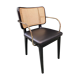 Chaise cannage bois noir cuir noir avec accoudoirs
