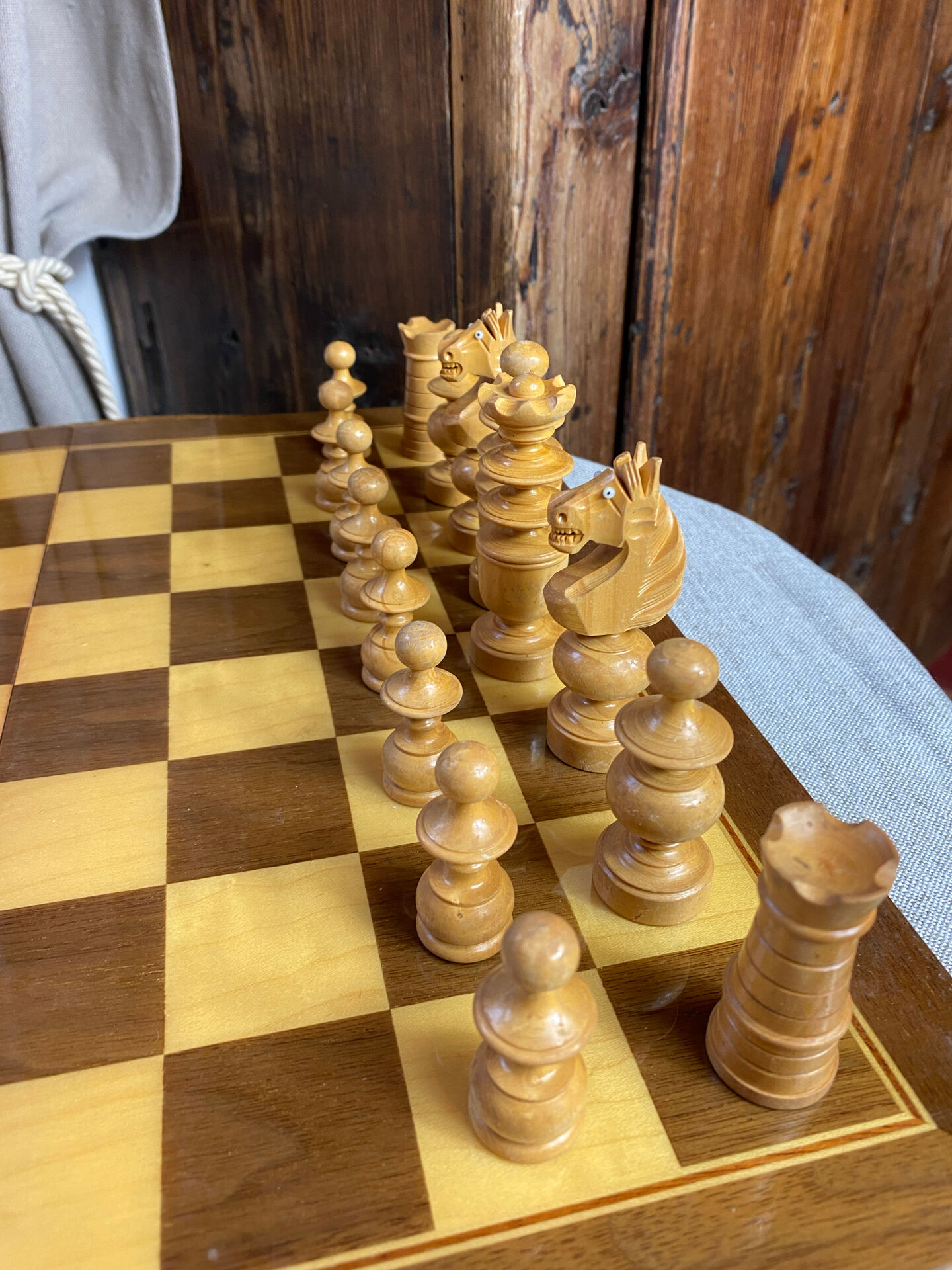 Chess set with wooden board and pieces