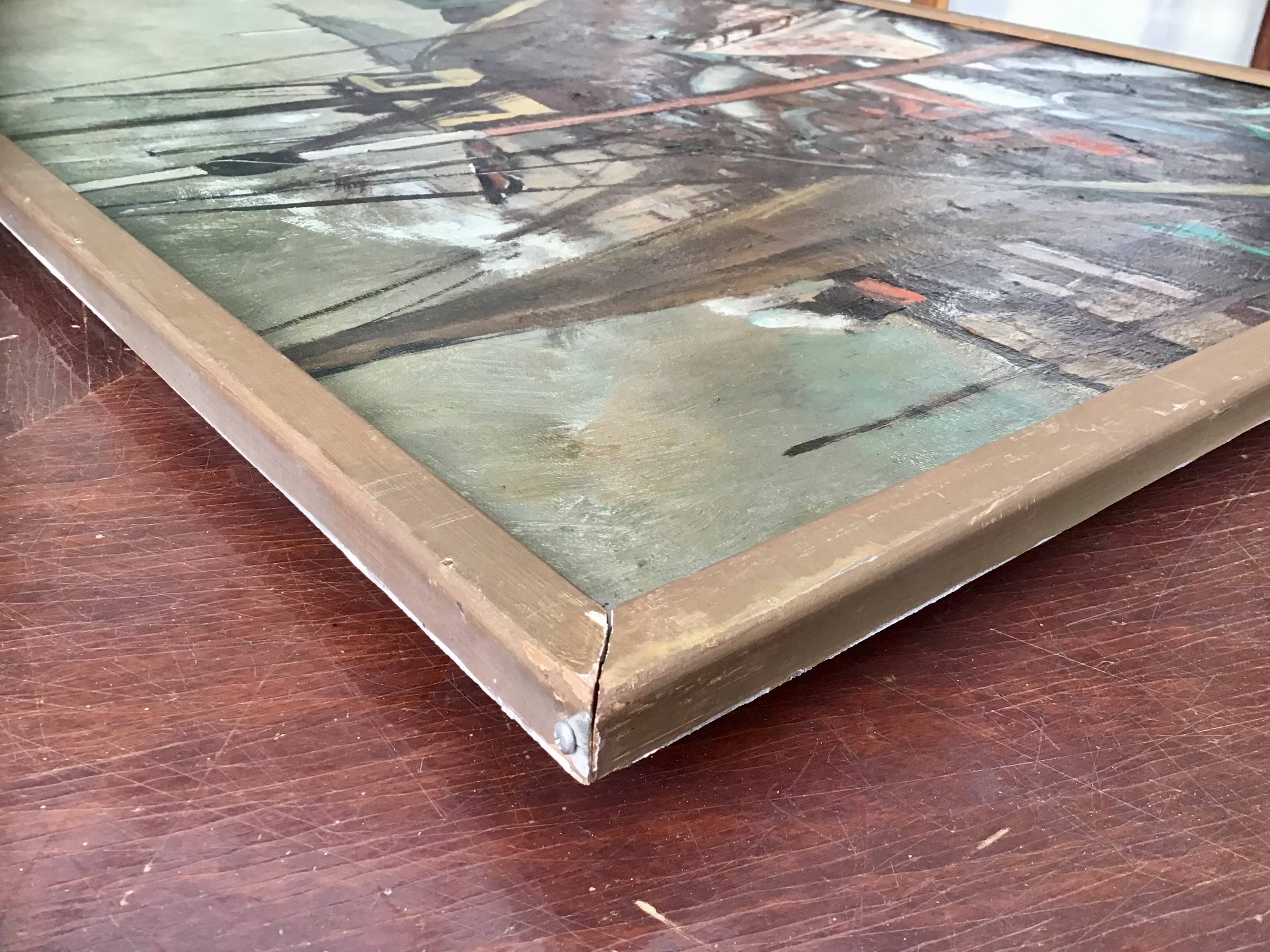 Oil on canvas - “The deck of the trawler returning from fishing” by Lucien Staquet (1911-1989)