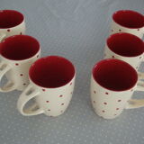 6 vintage mugs in beige ceramic with red polka dots
