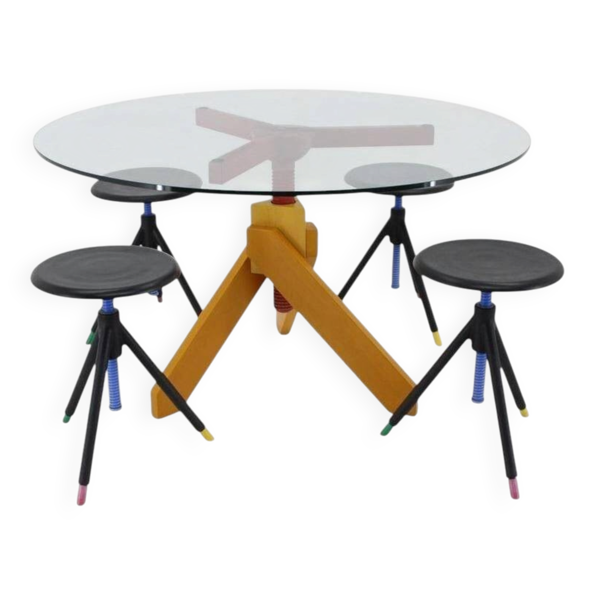 Italian Postmodern Adjustable "Screw" Dining Table and Four Stools in the Style