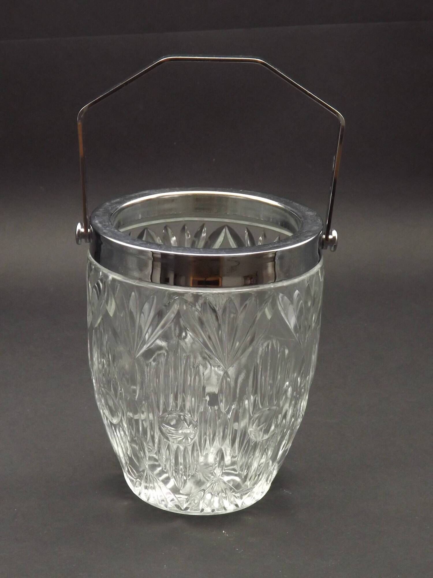 Quality Cut Glass French Vintage Ice Bucket Silver Metal Carry Handle 4507