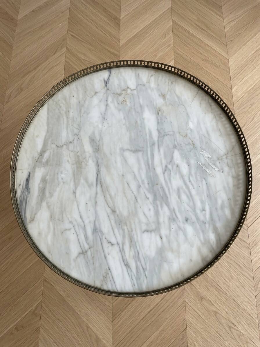 Empire round side table in wood and marble with brass gallery