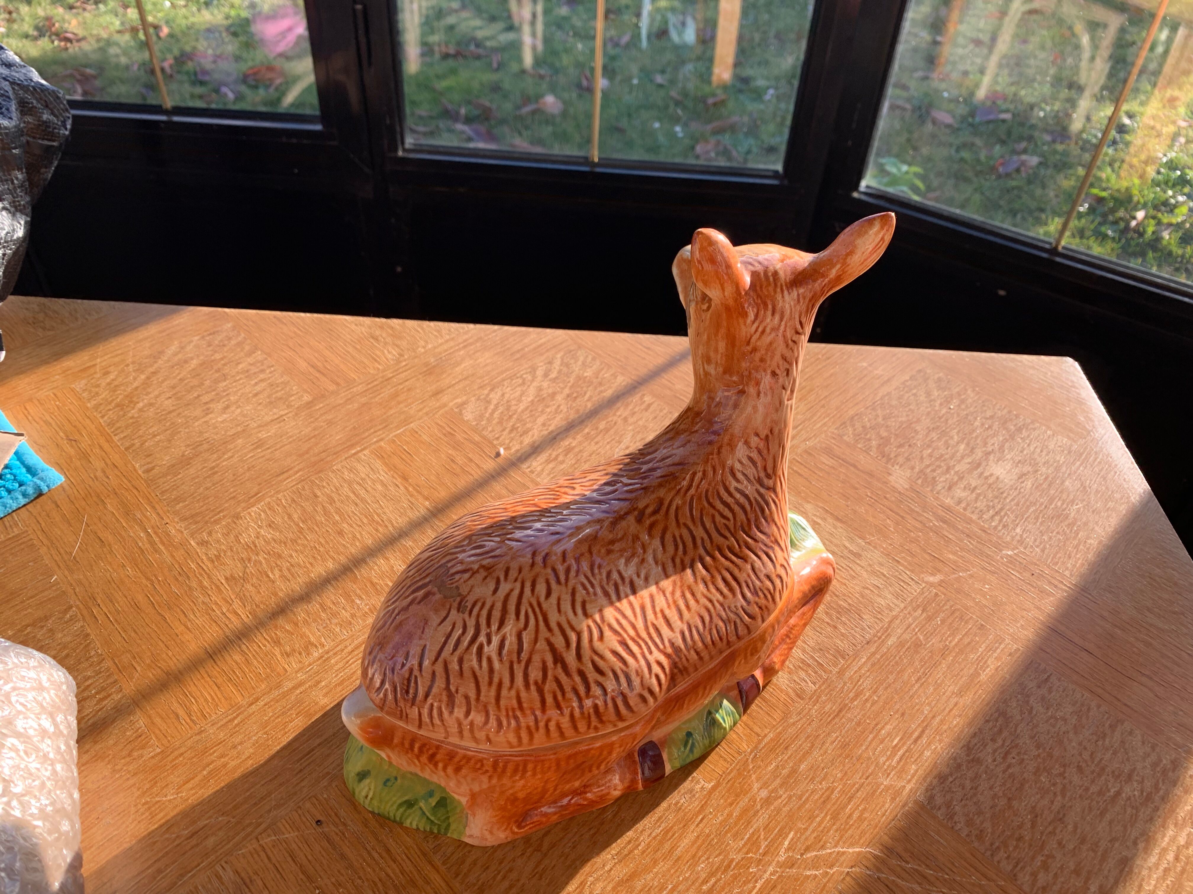 Terrine ceramic doe glazed vintage slurry Michel caugant