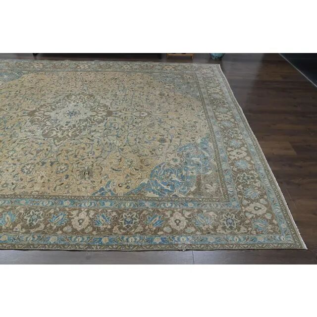 1960s Vintage Persian Handmade Wool Cotton Yellow Area Rug 284x366