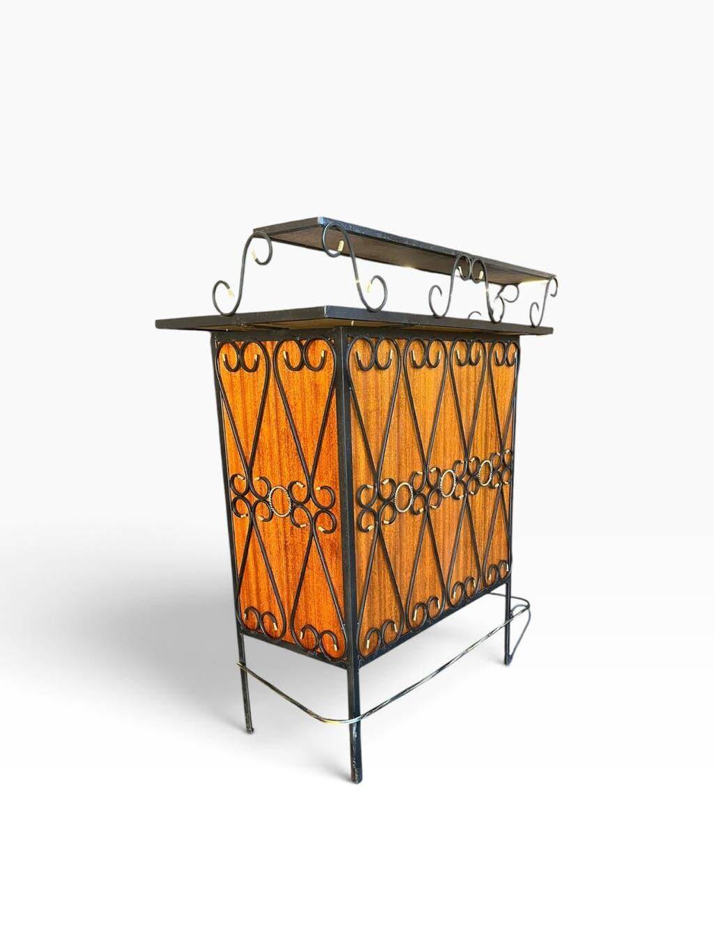Vintage wooden bar counter with ceramic accents.