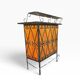 Vintage wooden bar counter with ceramic accents.