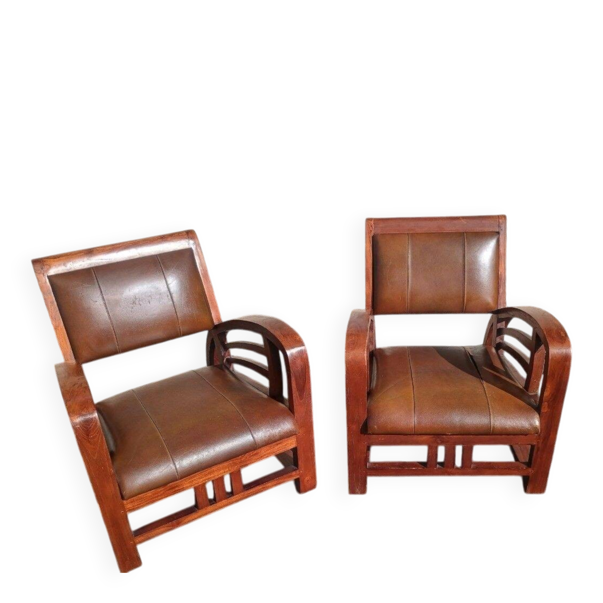Pair of Club Ship Chairs Art Deco – Solid Wood & Brown Leather/Leatherette