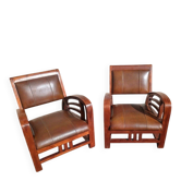 Pair of Club Ship Chairs Art Deco – Solid Wood & Brown Leather/Leatherette