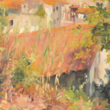 Impressionist seaside landscape with village