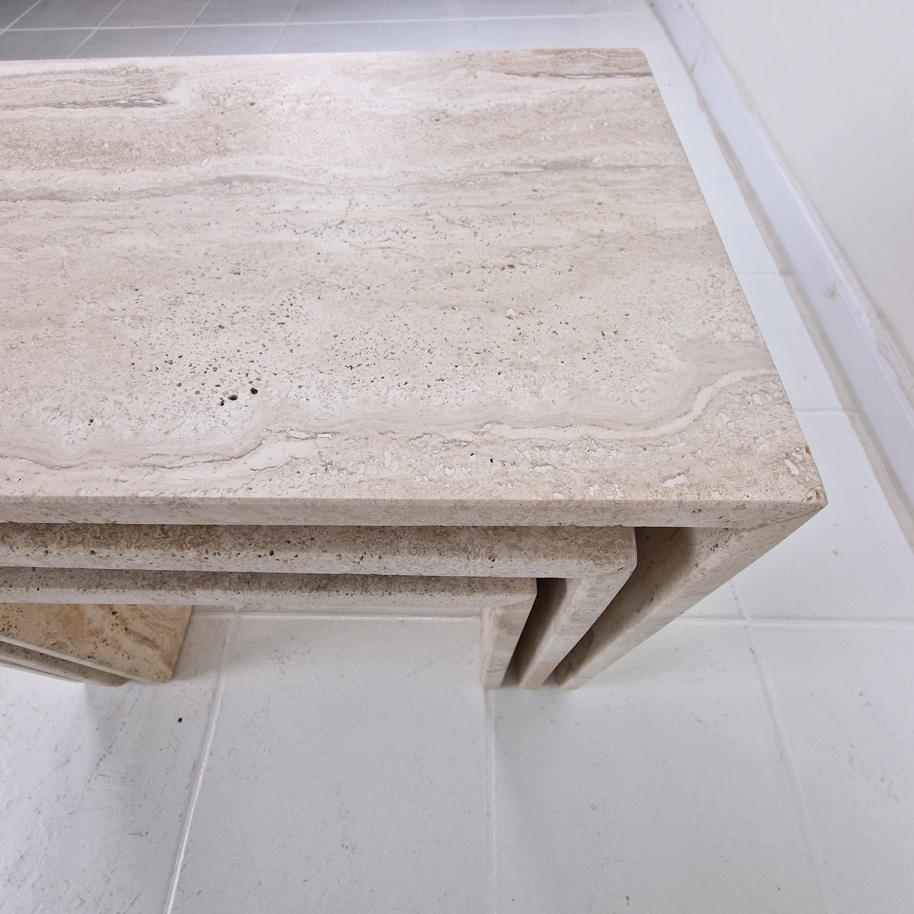 Italian 1980s Grooved Travertine Nesting Tables – Set of 3