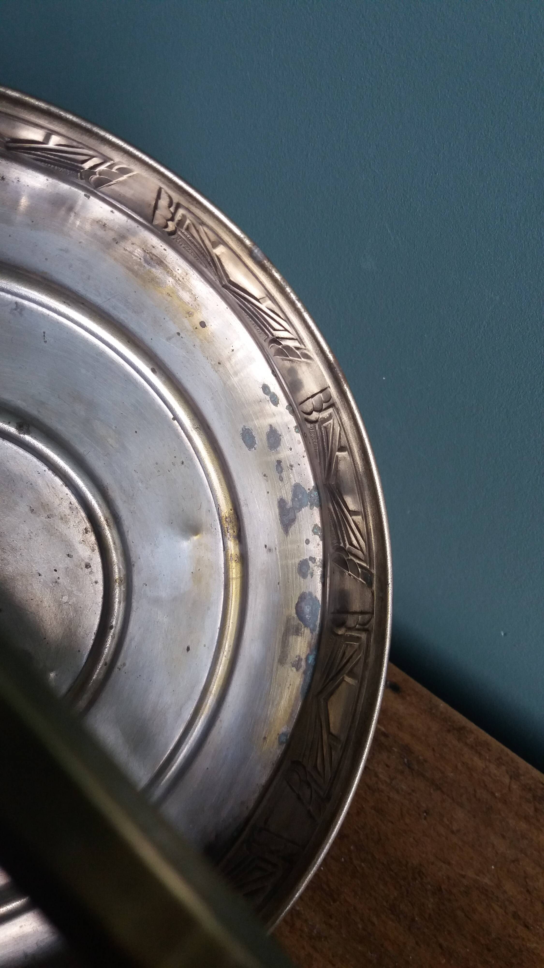 Aperitif platter, metal server and glass ramekins, Art Deco