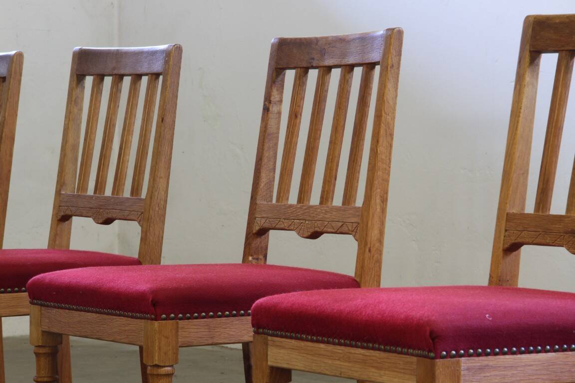 Vintage 1940s/50s solid oak Danish farmhouse chairs, Baroque style set of 4
