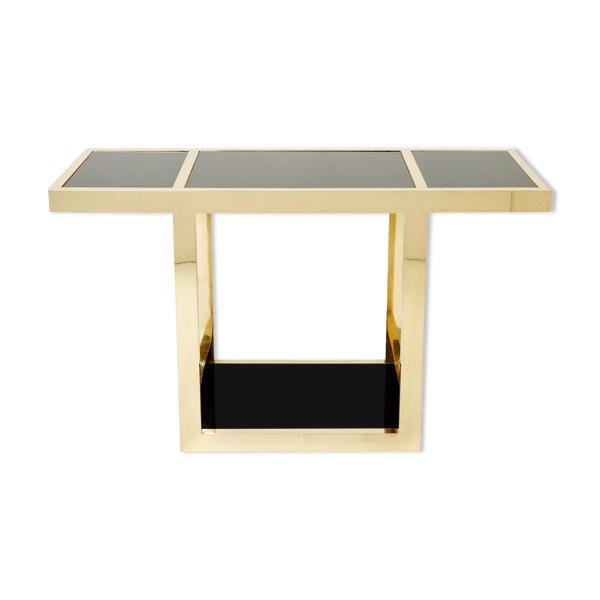 Console Italienne laiton verre opalin noir 1970s