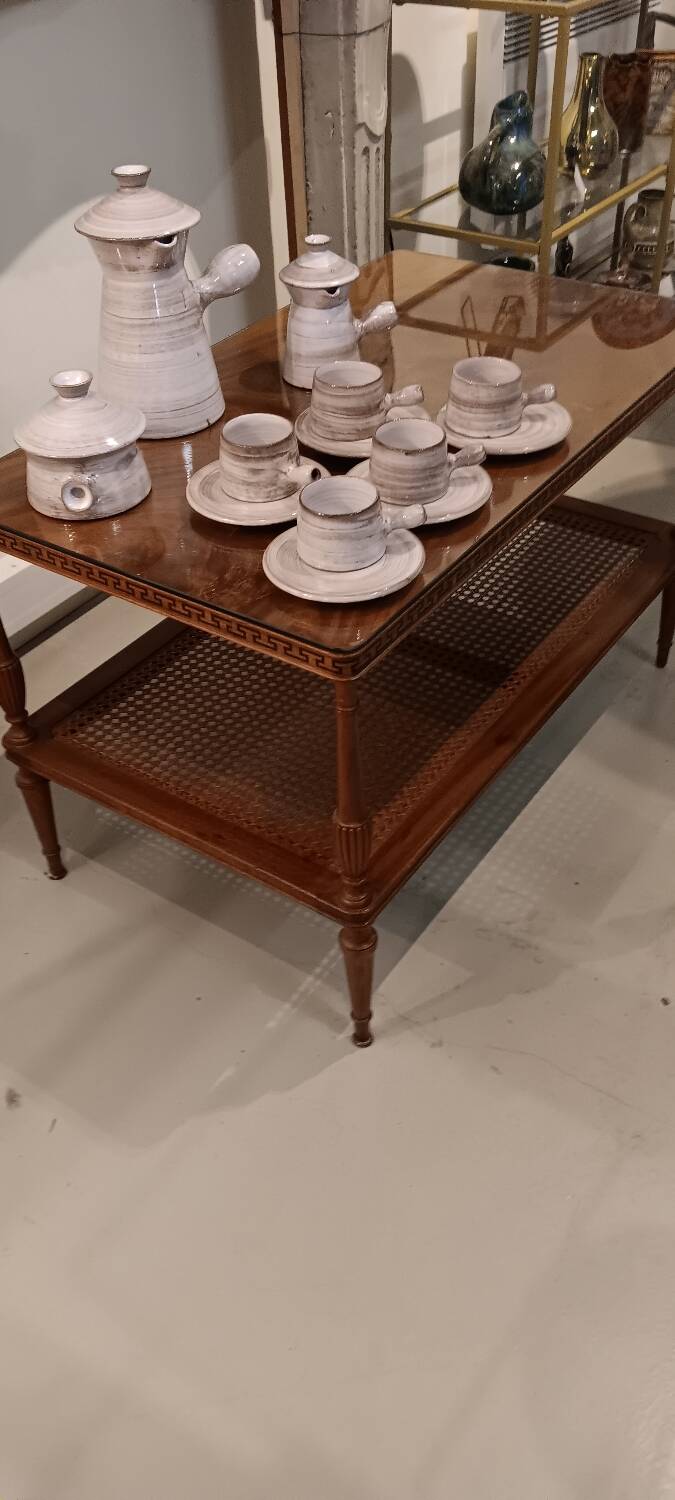 Coffee table / side table in mahogany with a rattan shelf.