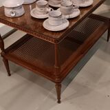 Mahogany coffee table / end table with rattan spacer shelf