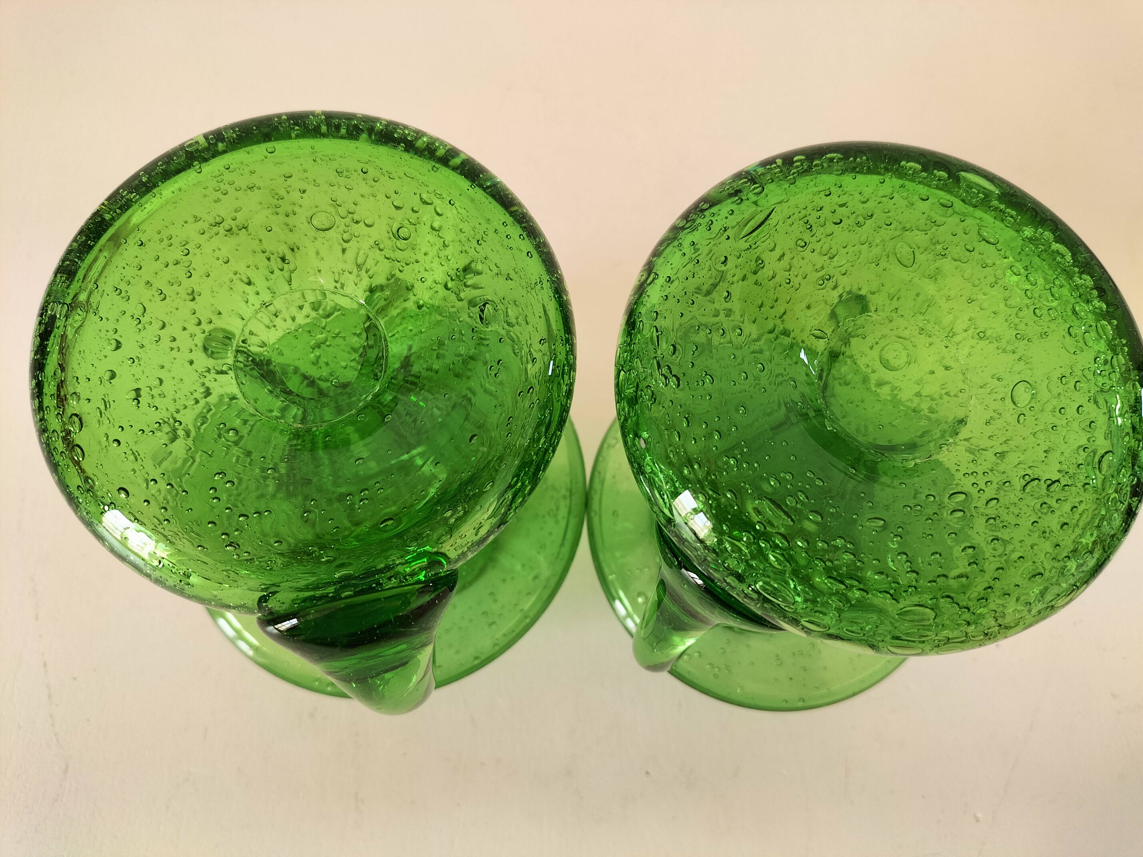 Duo de bougeoirs en verre bullé vert – Verrerie de Biot
